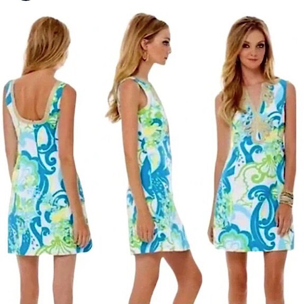 Lilly Pulitzer Embroidered Gold Lace Shift Dress “The Janice Shift” Blue Green